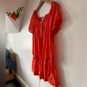 NWOT Joe Fresh coral pink peasant tunic sz L/G drawstring waist puff sleeve